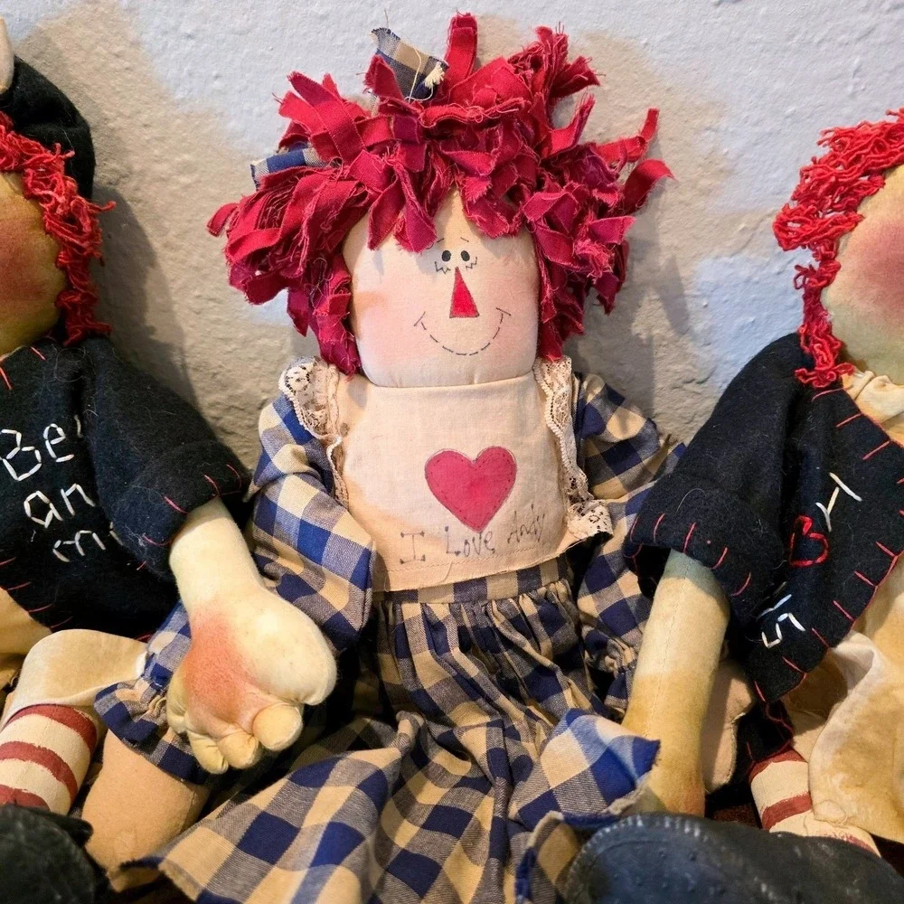 1995 Vintage Primitive Raggedy Ann Andy Dolls 18 Lot 3 Handmade Folk Art Country